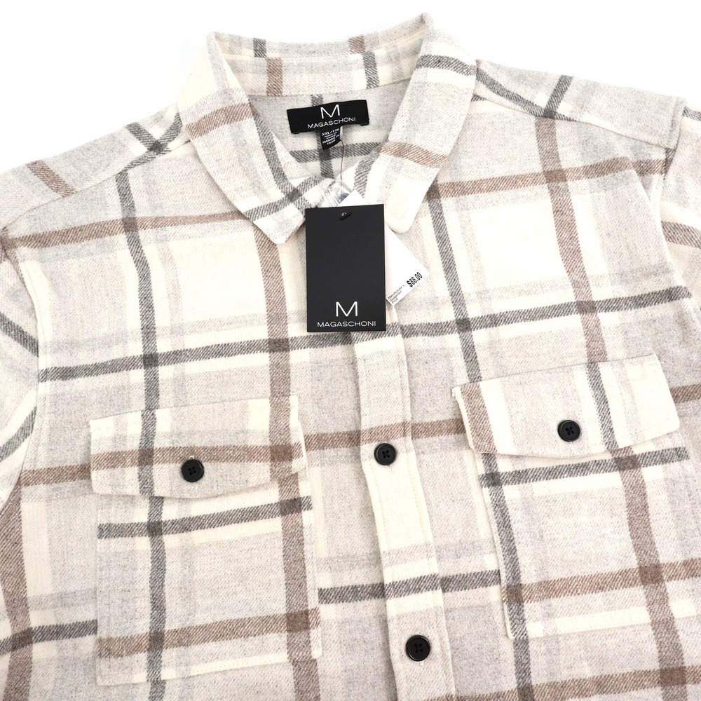Magaschoni Mens Cream Brown Plaid Wool Blend‎  Shirt Shacket XXL NEW MSRP $88